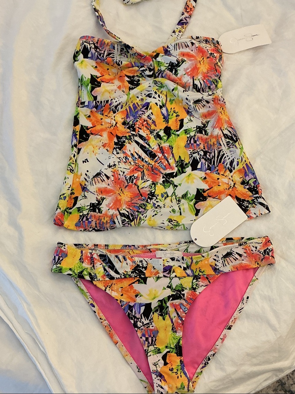 Jessica Simpson Women’s Small floral Tankini Halter Swim Set Pink Orange Yellow